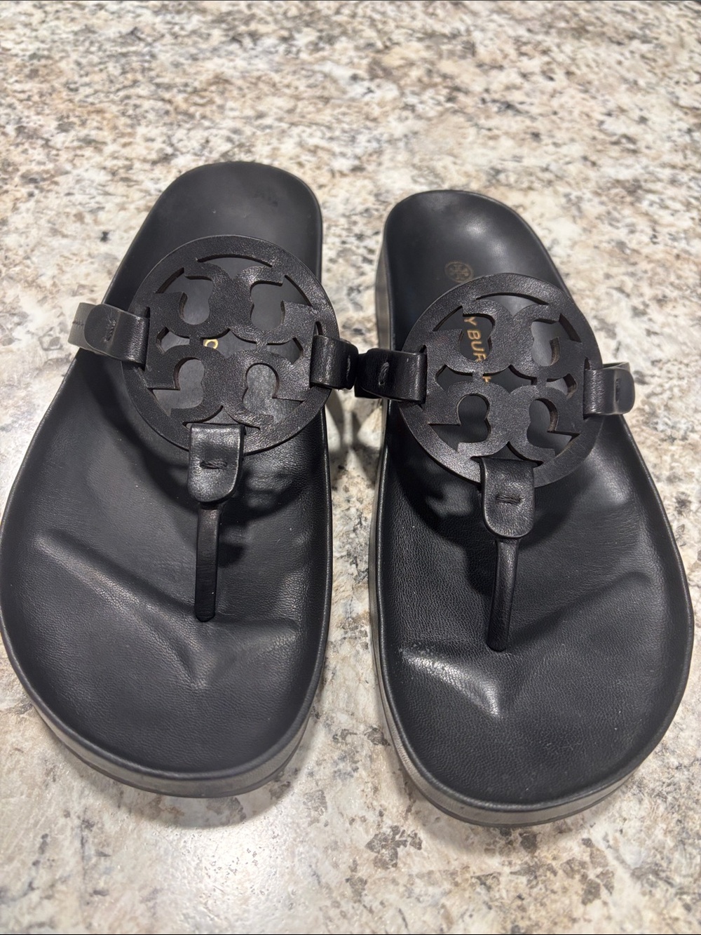 Tory Burch Black Leather Logo Thong Sandals
